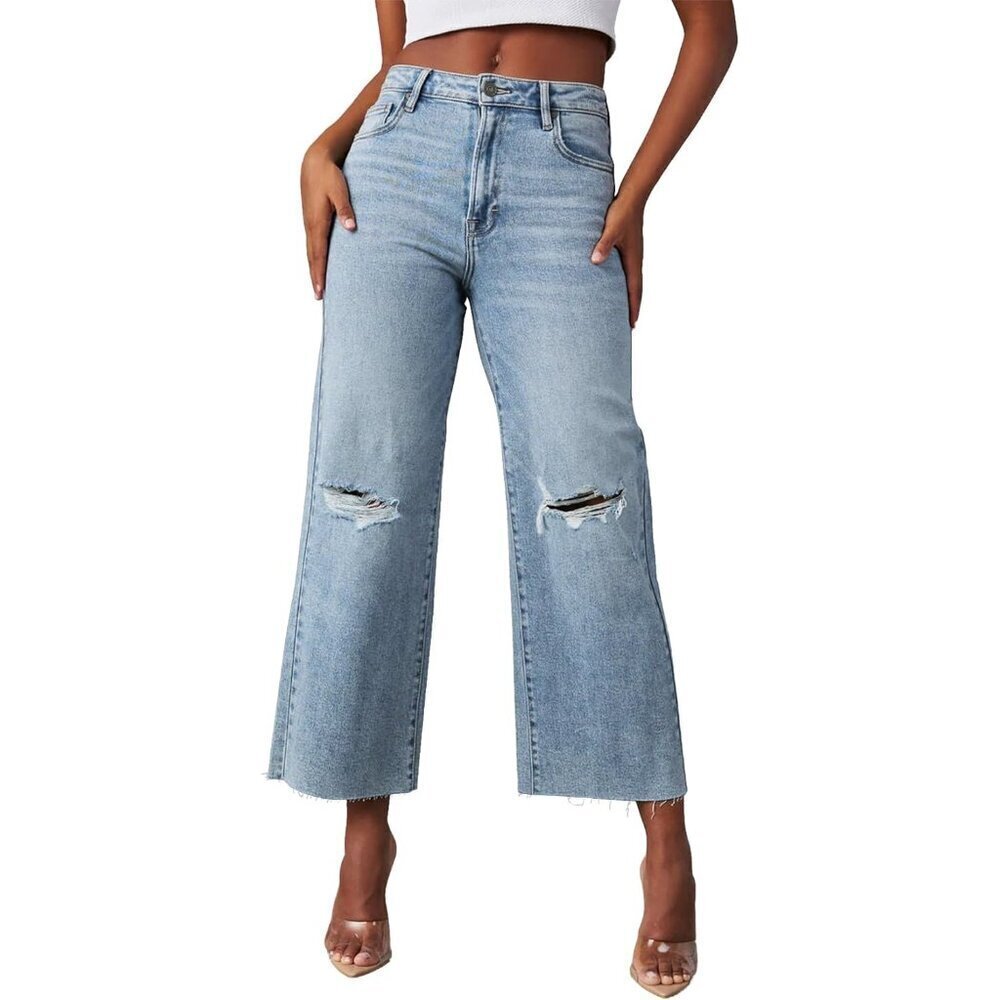Women's High Waisted Wide Leg Ripped Jeans Ankle Crop Denim Stretchy